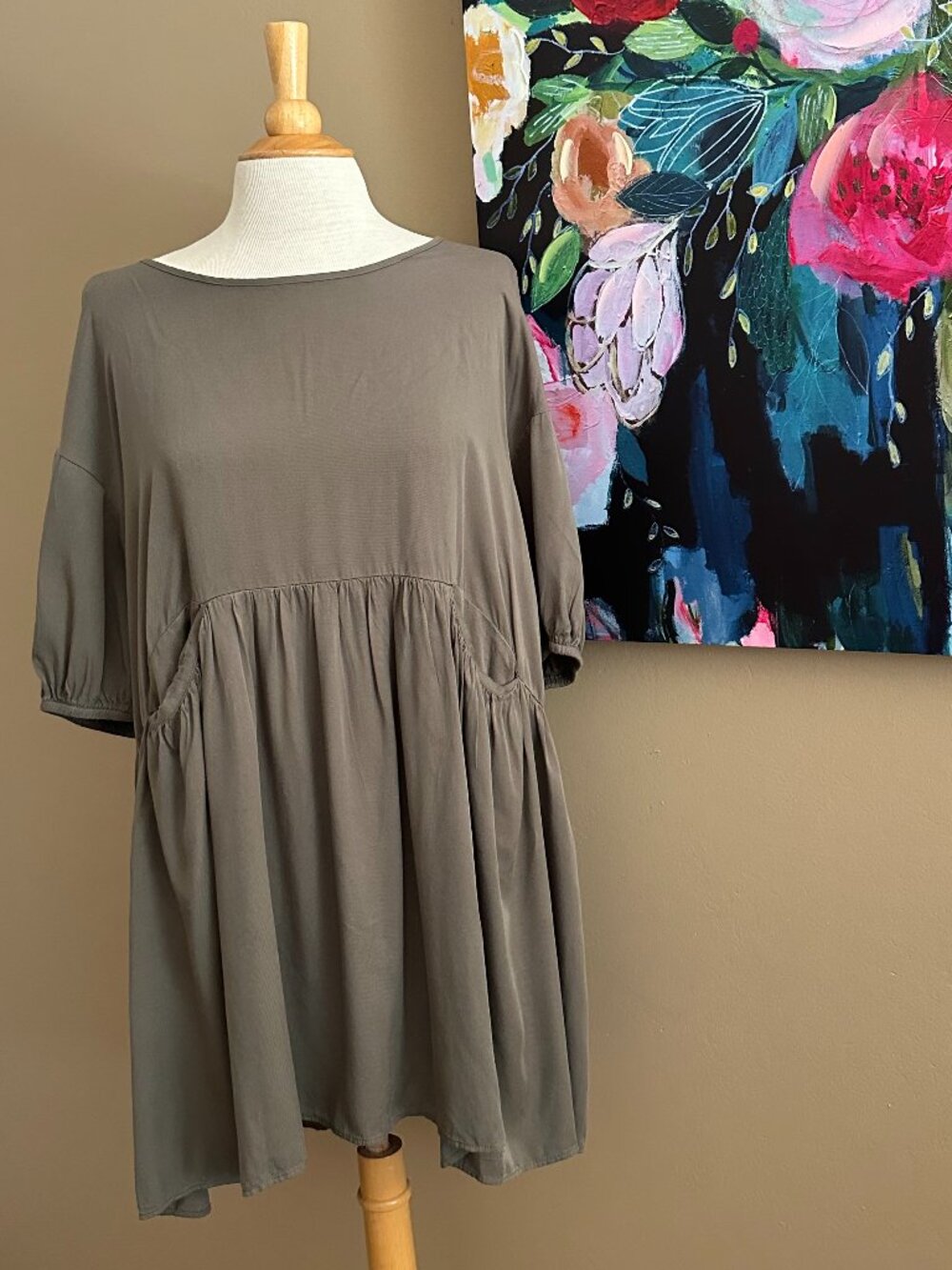 Emery Rose Taupe Babydoll Midi Dress Medium Boho Pocket Dress Viscose